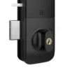 Side view of Philips digital rim lock latch and mechanical key cylinder in black housing