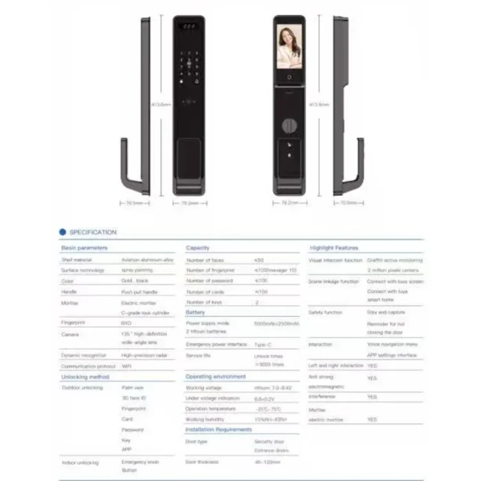 Zeki V8 Smart Door Lock dimensions and technical specifications