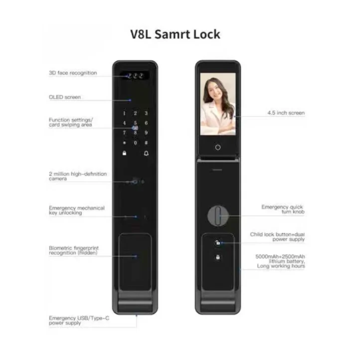Zeki V8 Smart Door Lock feature overview with screen and sensors