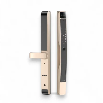 Zeki D30 Smart Lock installed on a wooden door in golden color