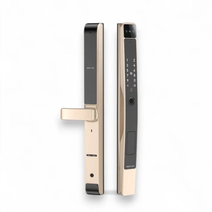 Zeki D30 Smart Lock installed on a wooden door in golden color