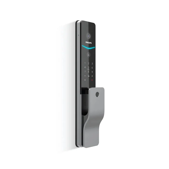 Front and rear view of Philips DDL720-MVP-17HWS palm vein smart lock showing biometric keypad and emergency knob.
