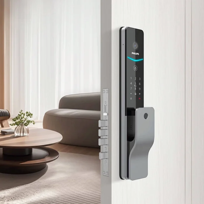 Back view of Philips DDL720-MVP-17HWS smart lock showing touchscreen panel and palm vein recognition sensor.