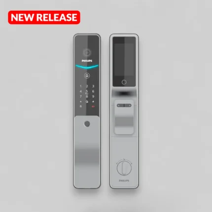 Philips DDL720-MVP-17HWS palm vein smart lock side view showing modern push-pull handle and touch panel design.