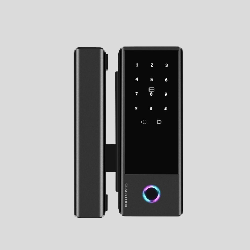 Black Zeki N2 glass door smart lock front view with keypad and fingerprint sensor