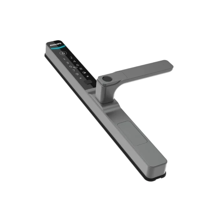 Angled close-up of Philips 611 1HBS smart lock with fingerprint keypad