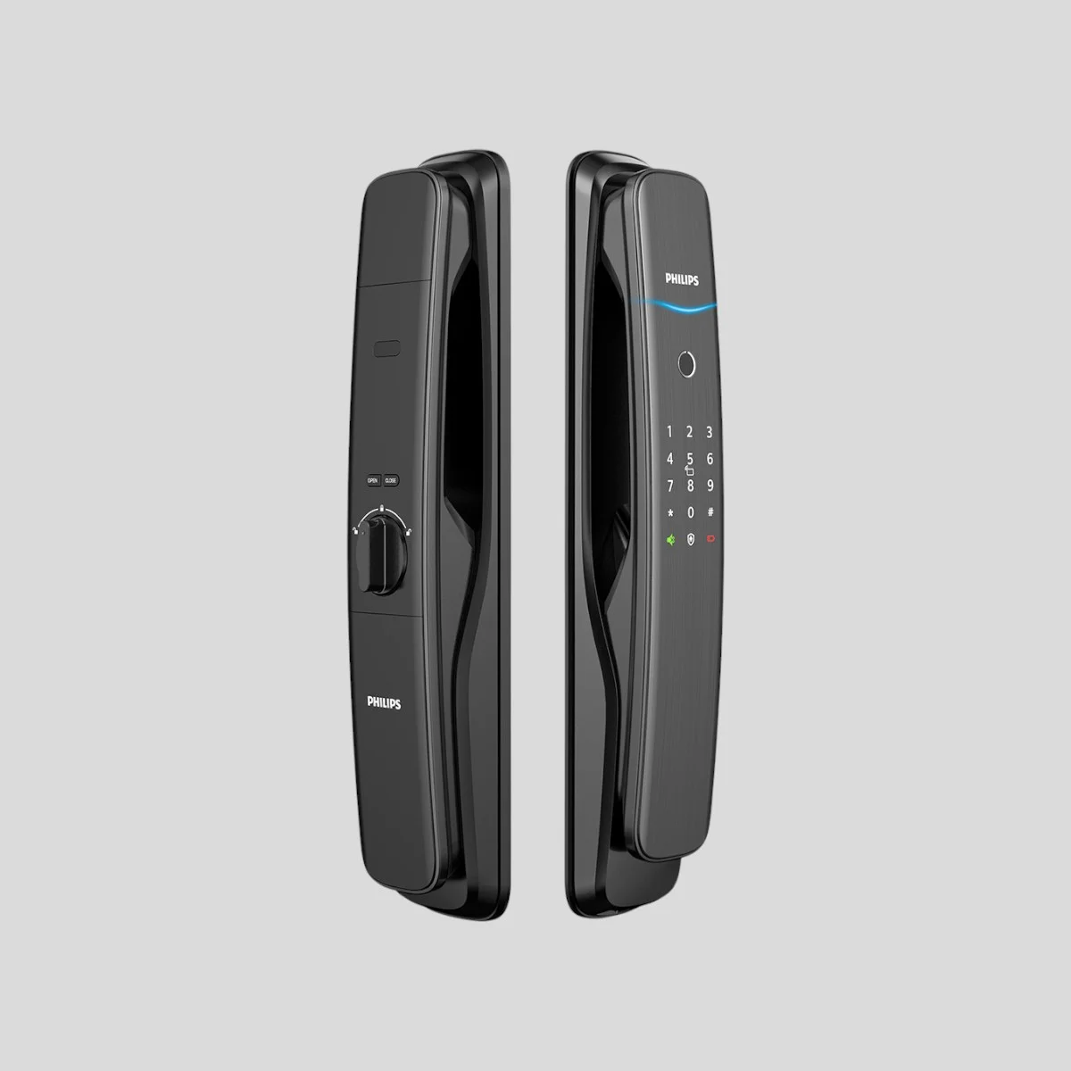 Front and rear view of Philips EasyKey DDL702E 5HWS Smart Lock with push-pull handle design