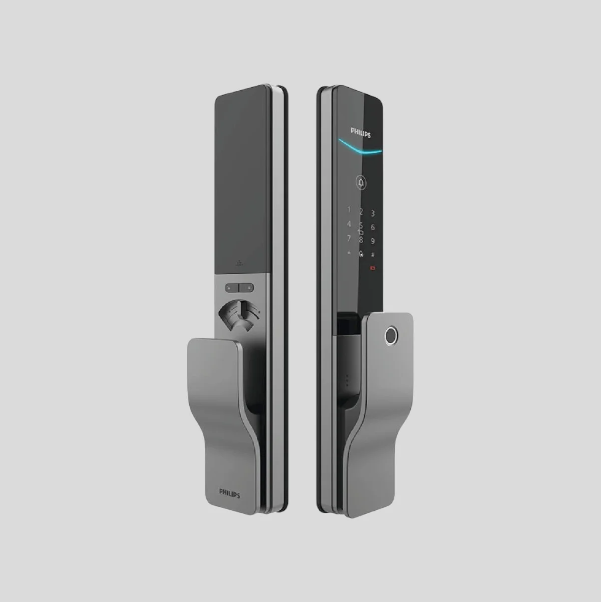 Philips DDL801-5HBS Fingerprint Lock front and rear view with push-pull handle