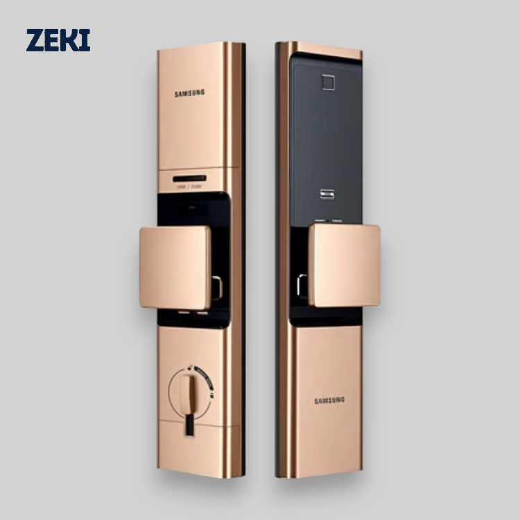 Samsung SHP DR719 smart fingerprint lock in gold finish with push pull handle