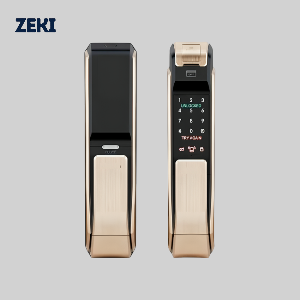 Front and back views of Samsung SHS P718 digital door lock in gold finish