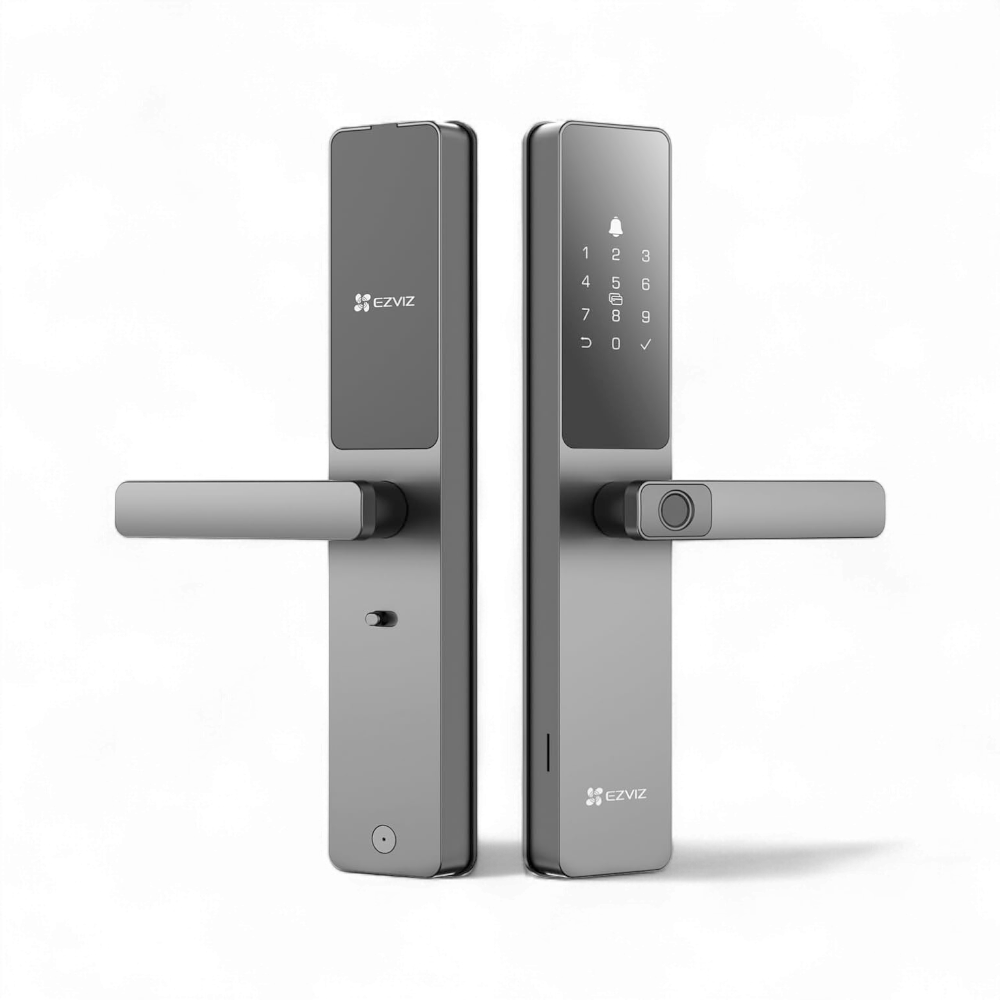 EZVIZ DL05 Smart Fingerprint Lock Dubai UAE EZVIZ DL05 smart fingerprint lock front and back view in metallic grey for modern homes in Dubai UAE